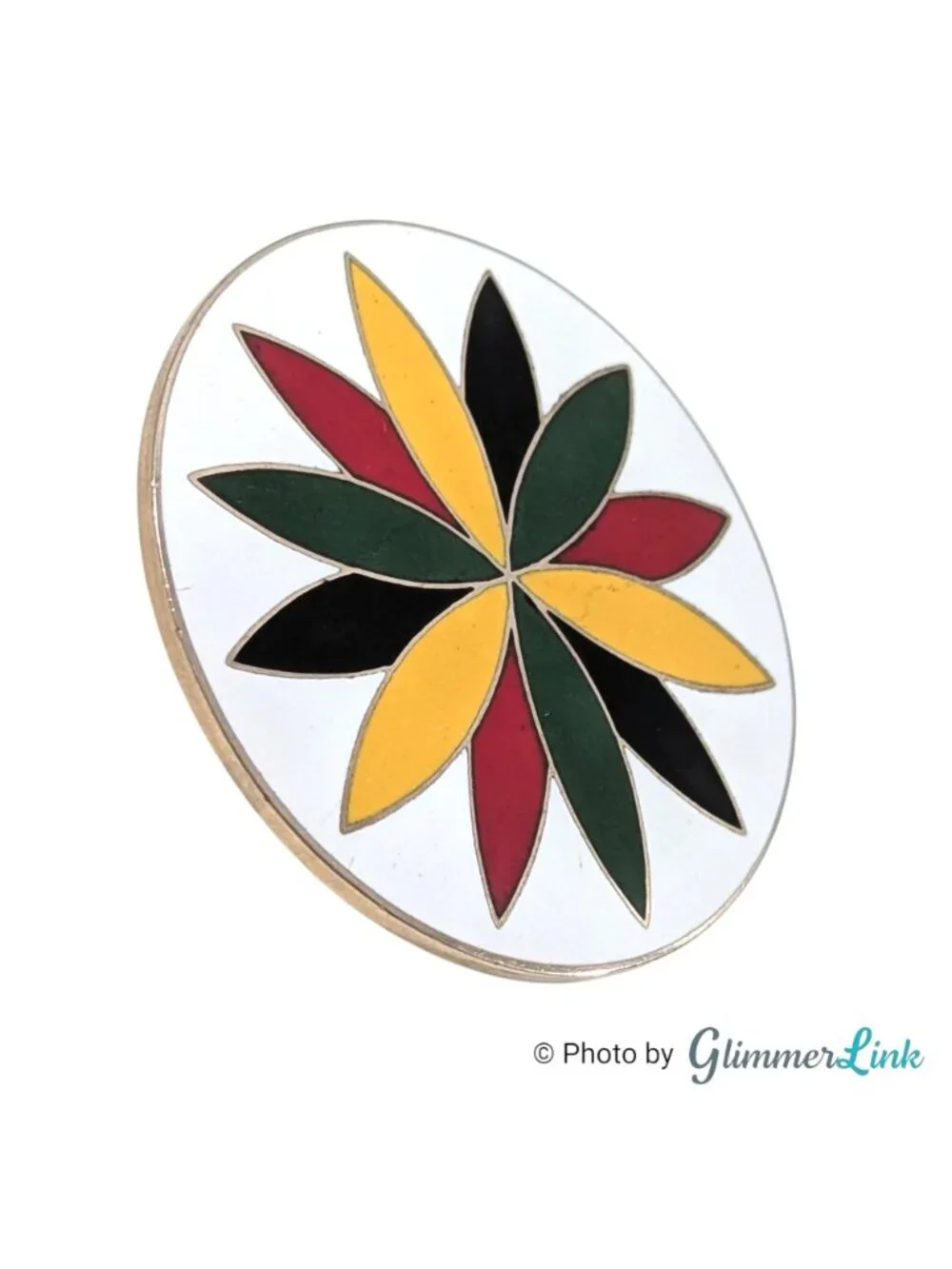 Vintage Enamel Dutch Hex Sign Inspired Gold Tone Round Pin